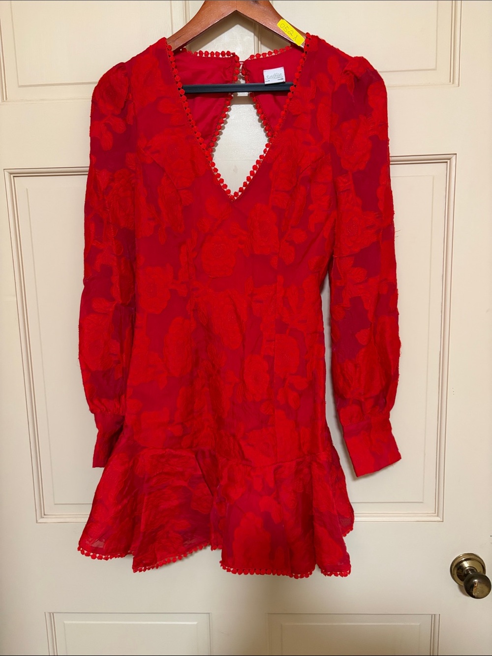 Selfie Leslie Red Floral V-Neck Mini Dress with Ruffled Hem